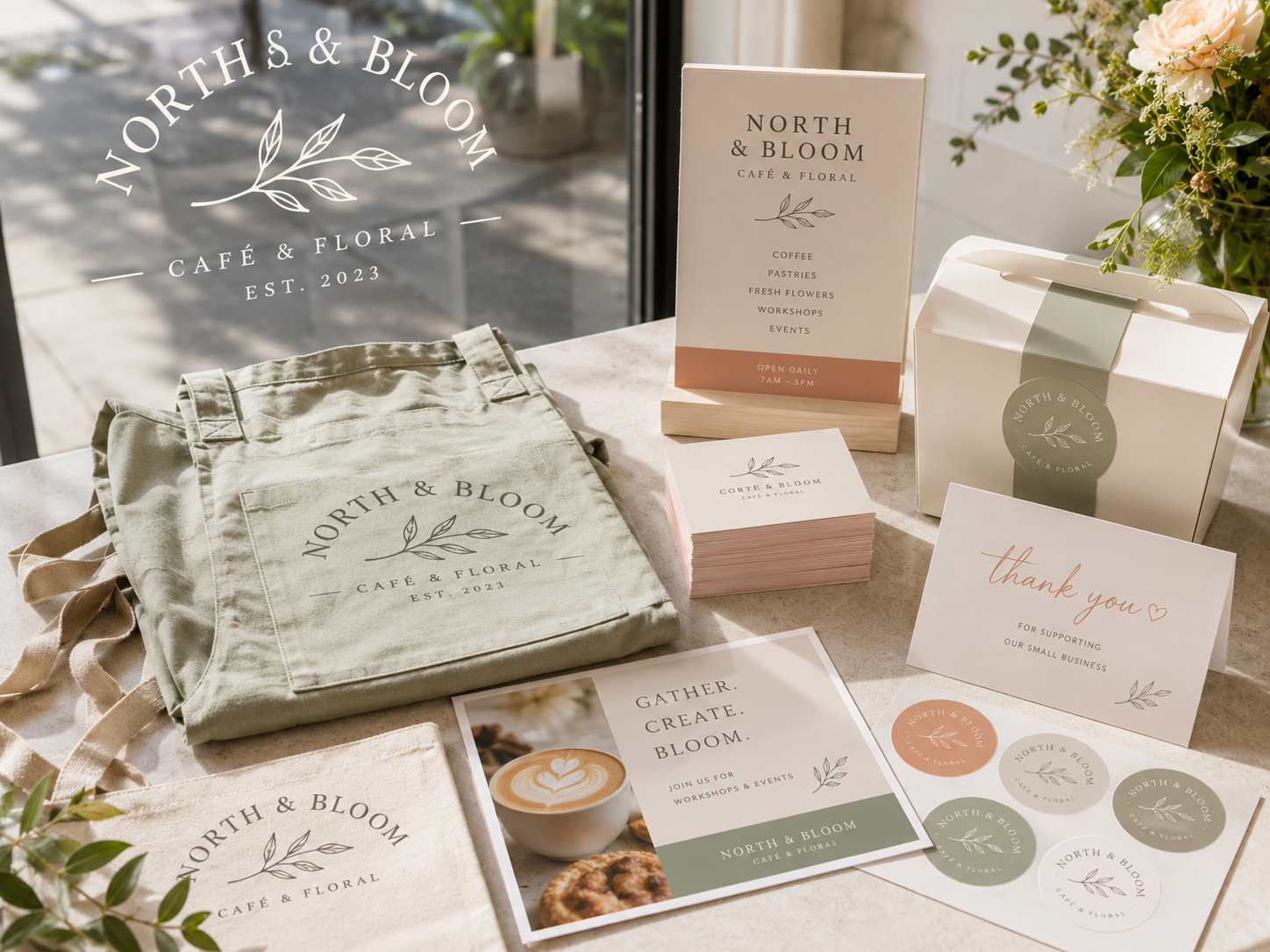 Business branding system with apparel, signage, cards, stickers and packaging
