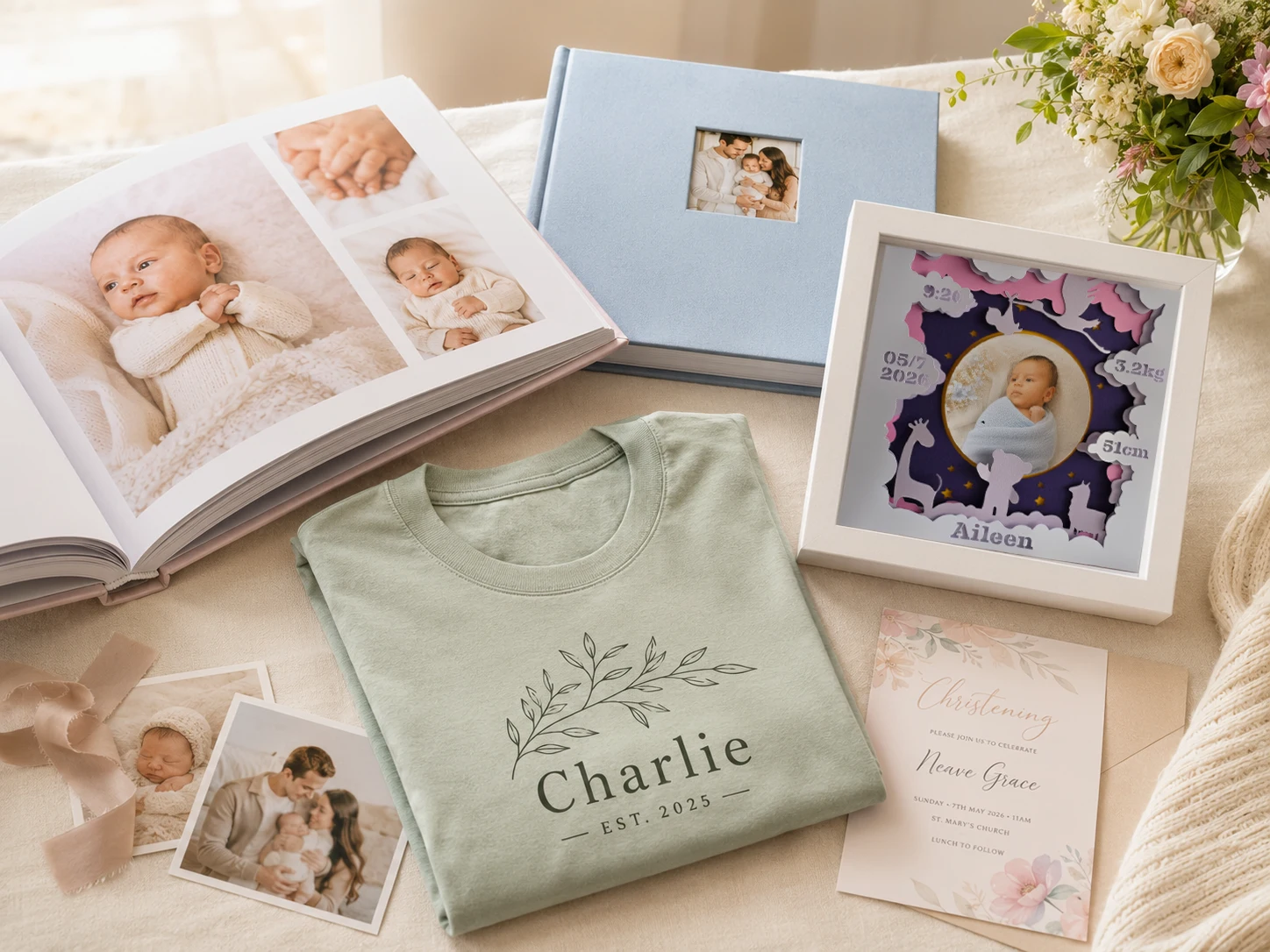 Personal Avenoir services including a photo album, keepsake frame and personalized apparel