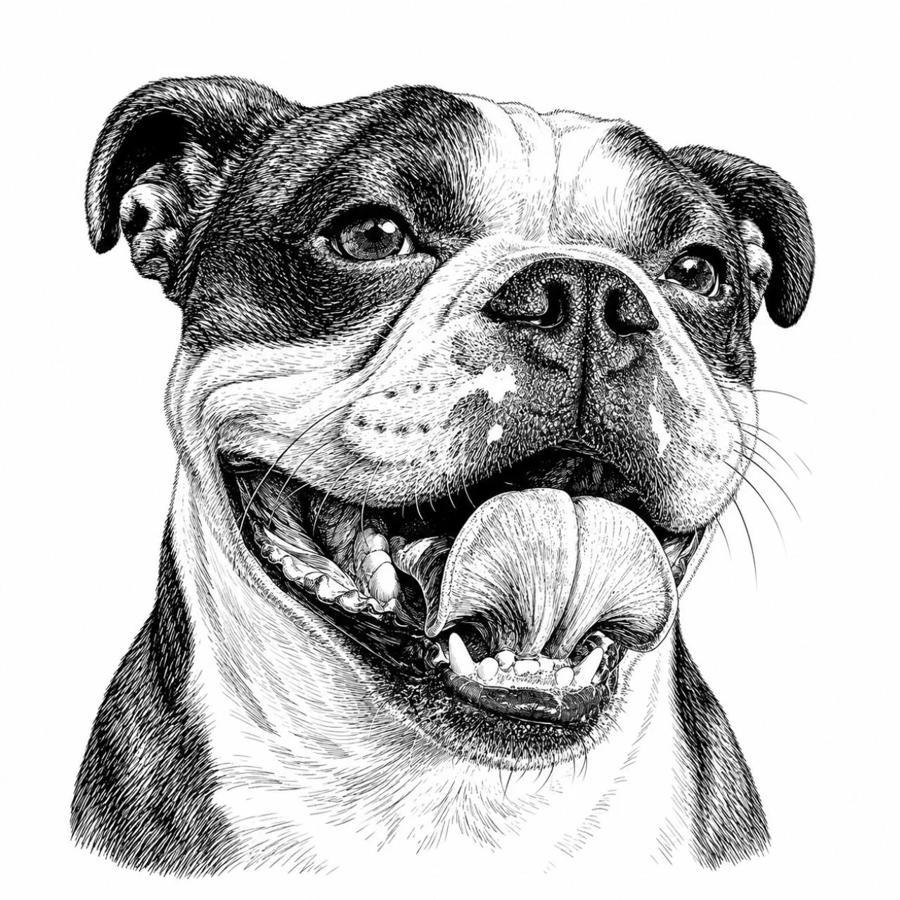 Finished black-and-white custom pet portrait artwork of Disco, a smiling English bulldog