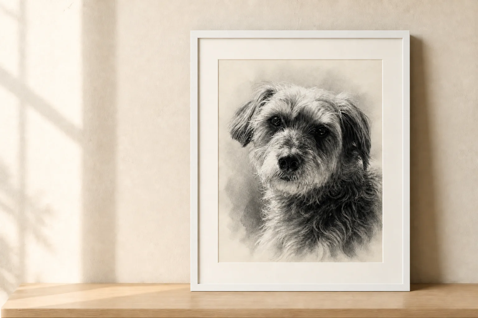 Sherlock’s portrait displayed in a ready-to-hang white frame