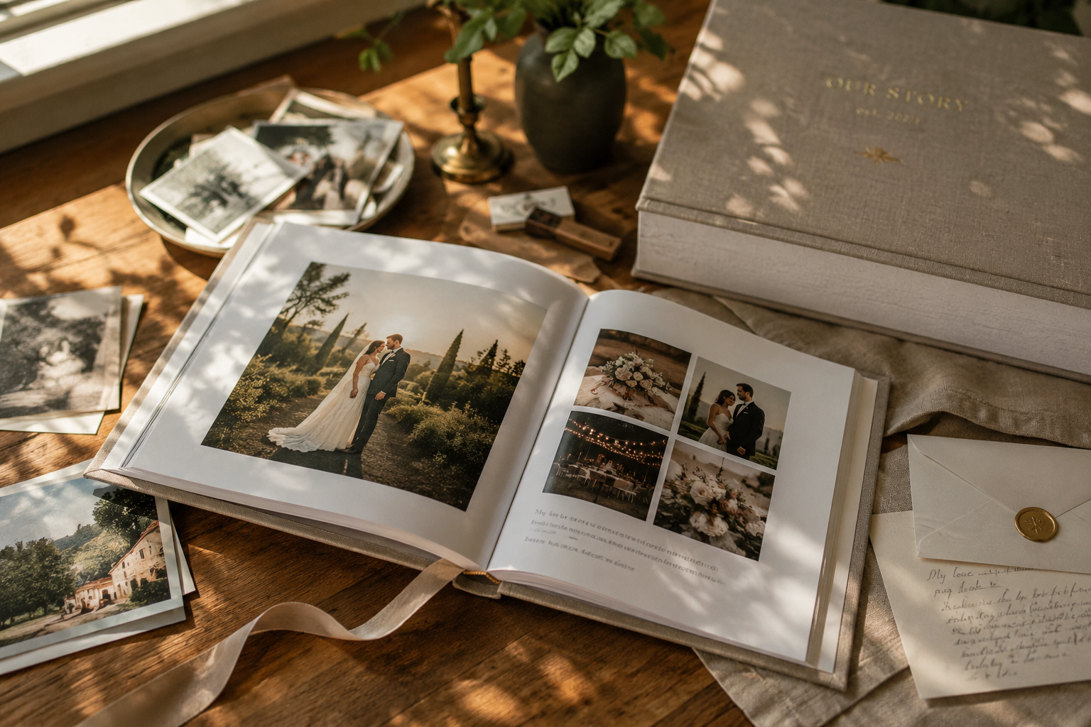 Open custom keepsake album with printed family photographs