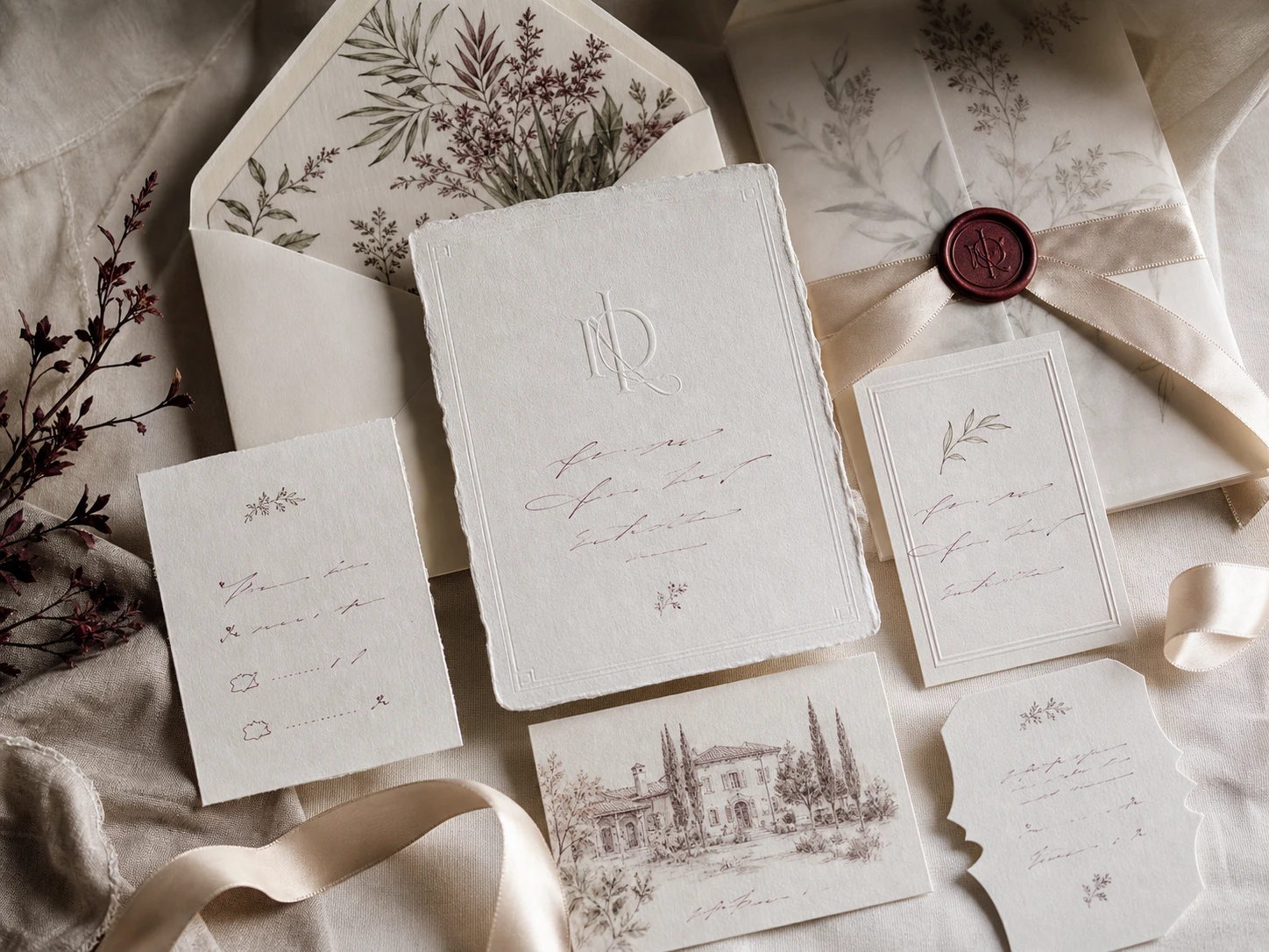Coordinated custom wedding invitation and stationery suite