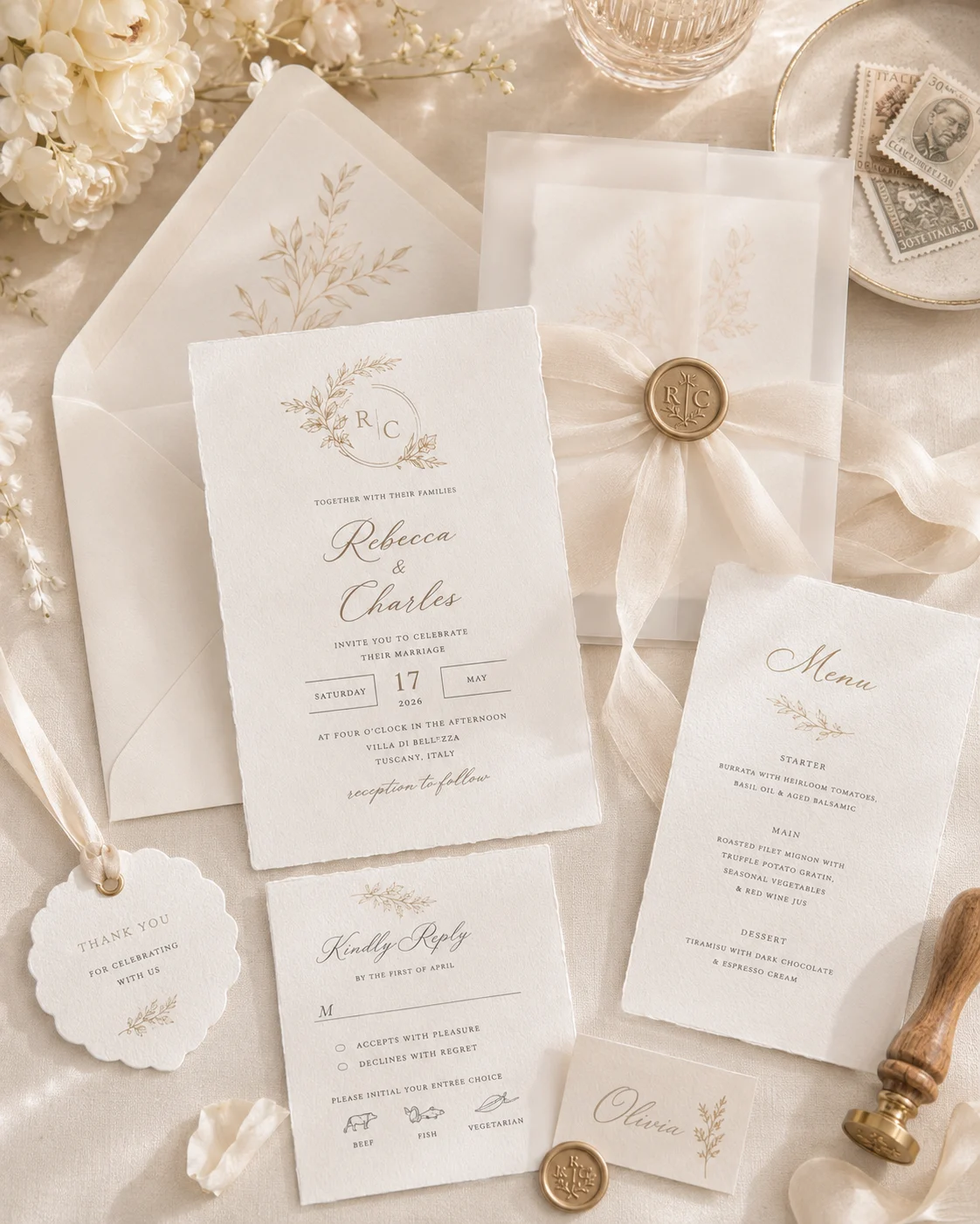 Wedding stationery suite with coordinated invitation and keepsake details