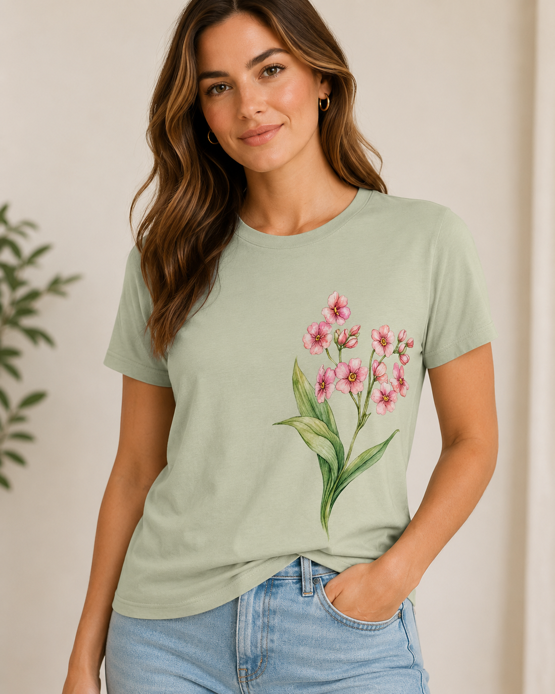 Welcome to Avenoir T-shirt shown on a model in a soft sage colourway